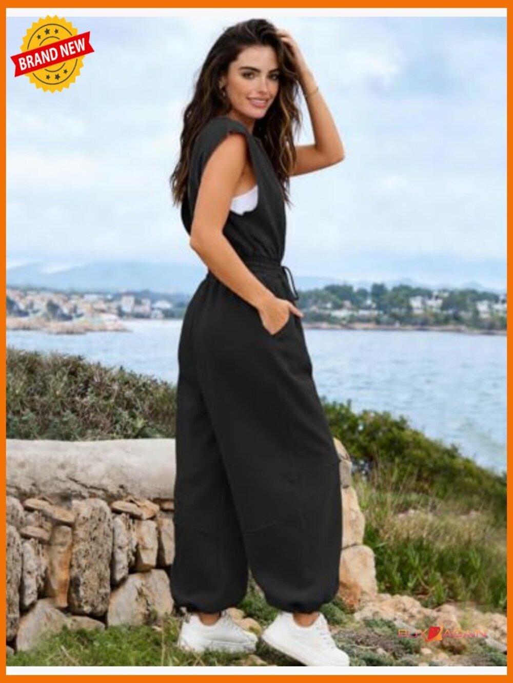 Casual Cap Sleeve Drawstring Jumpsuit Romper with Pockets - Picture 4 of 7